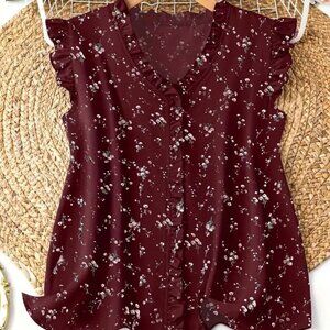 Women's Size 3xl (18) Floral Print Burgandy Blouse V-neck Ruched Bust & Trim NEW